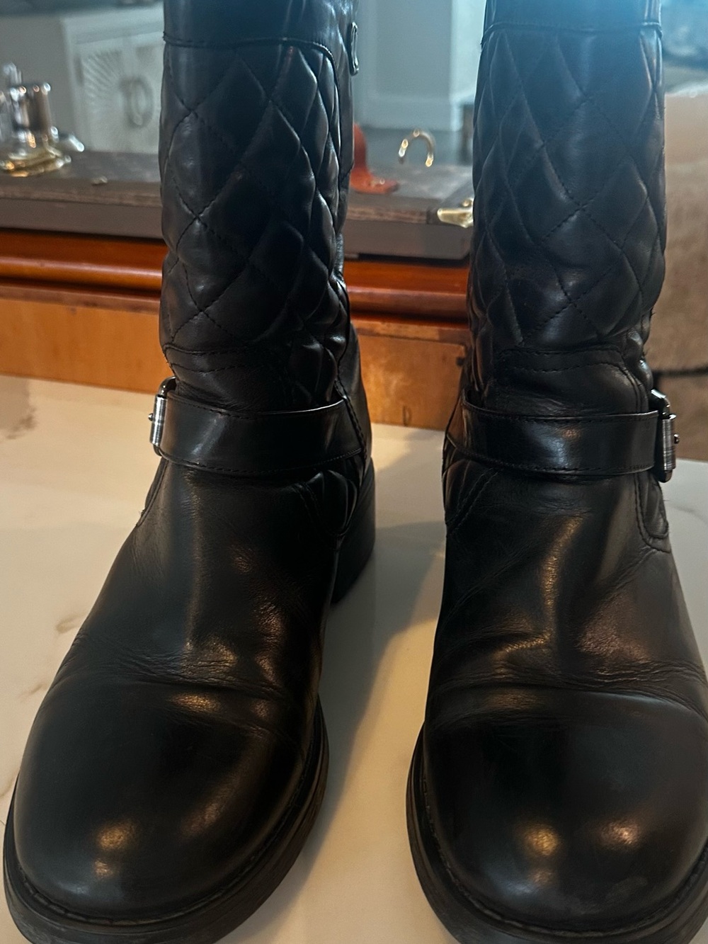Aquatalia Black Quilted Leather Mid-Calf Combat Boots Sz 10